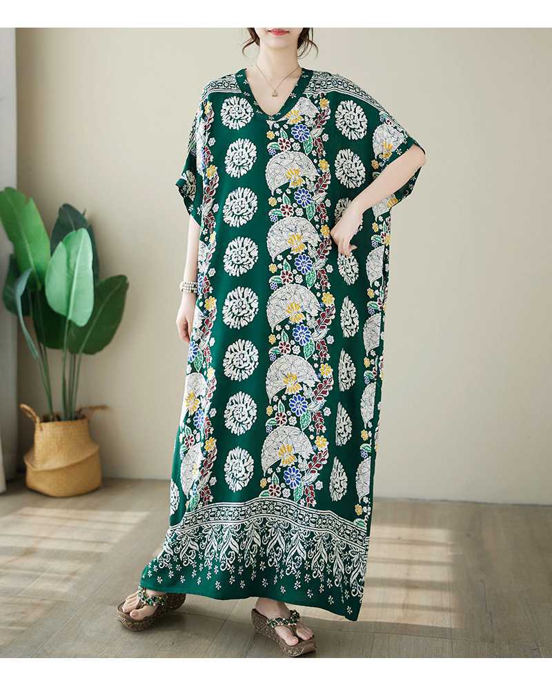 Retro Printed V-Neck Short Sleeve Maxi Dress