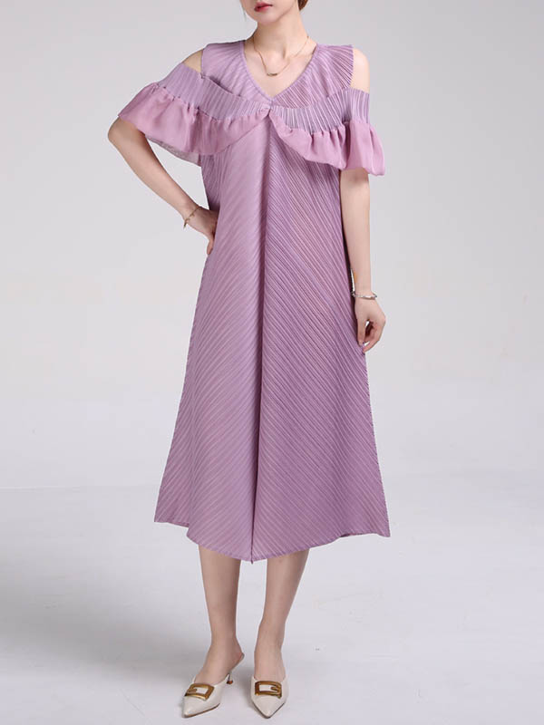A-Line Loose Pleated Solid Color Split-Joint Cold Shoulder Midi Dresses