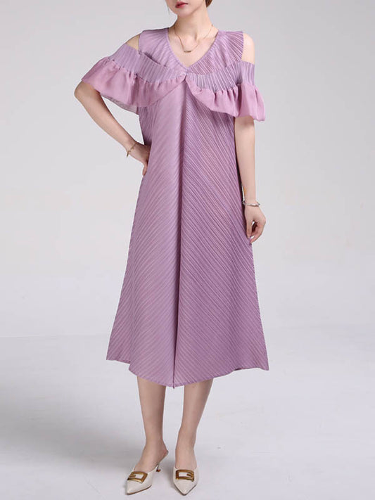 A-Line Loose Pleated Solid Color Split-Joint Cold Shoulder Midi Dresses