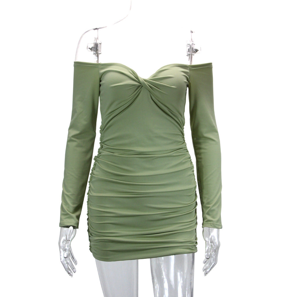 Women's clothing European and American sexy pleated off-neck long sleeve ladies dress