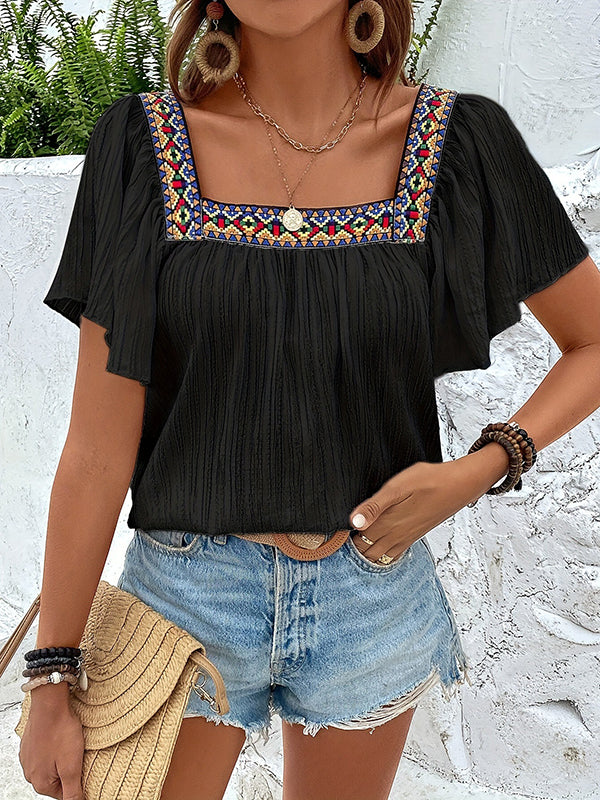 High-Low Loose Embroidered Pleated Square-Neck T-Shirts Tops