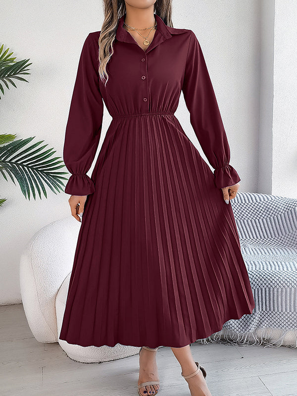 A-Line Flared Sleeves Buttoned Elasticity Pleated Solid Color Lapel Maxi Dresses
