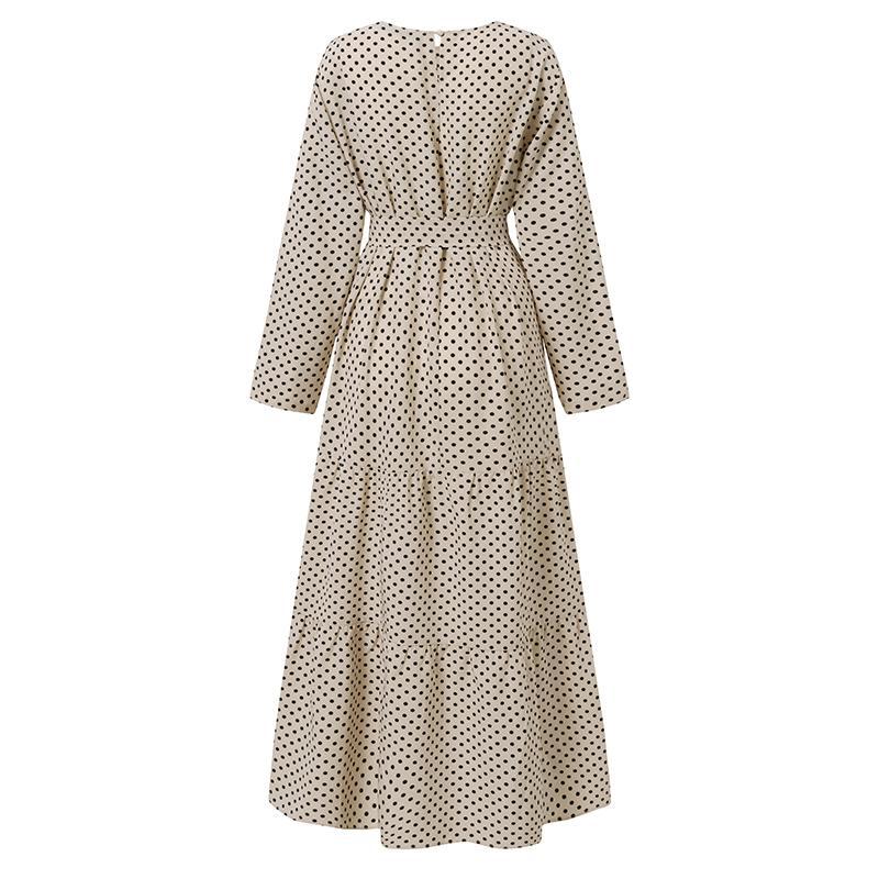 Vintage Polka-Dot Long Sleeve Round Neck Maxi Dress