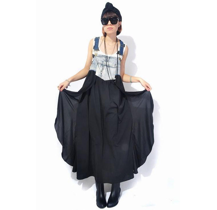 Loose Denim Splicing Suspender Maxi Dress