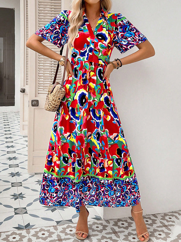 A-Line Half Sleeves Buttoned Contrast Color Printed Lapel Maxi Dresses