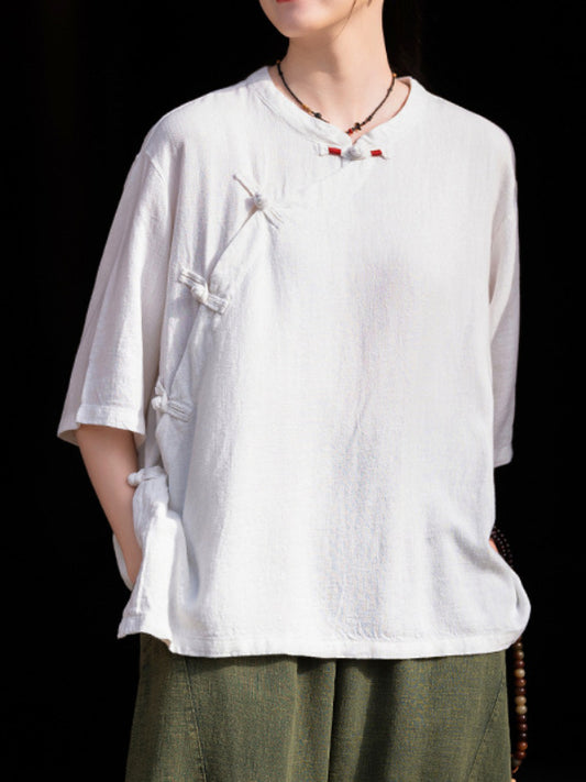 Vintage Stand Collar Short Sleeve Linen Shirt