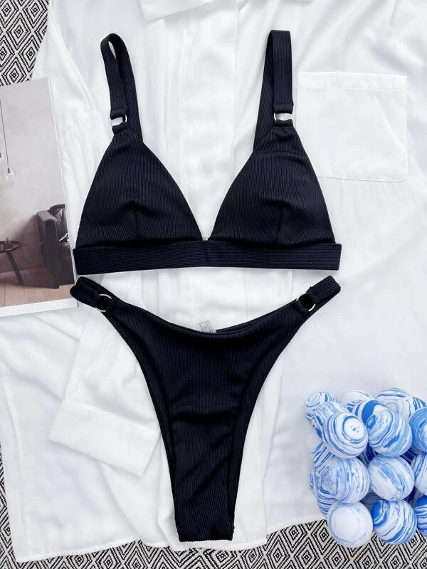 Solid Color Split High Waist Bikini Swimsuit