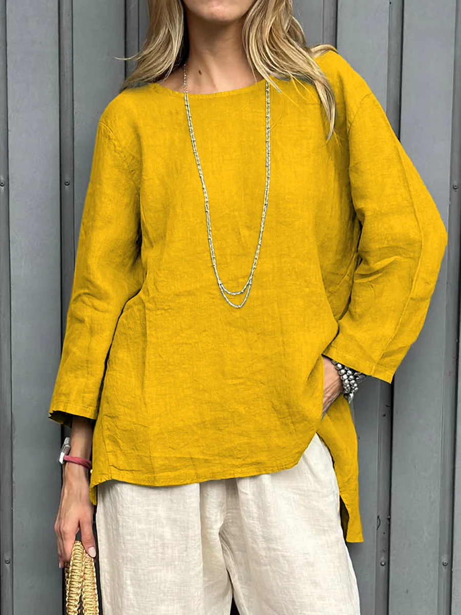 Casual  Nature Linen  Round Neck Top
