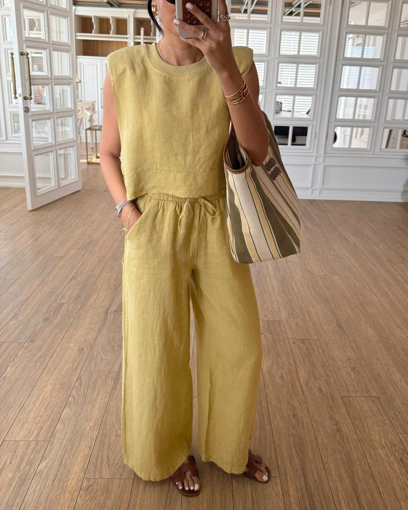 Casual Round Neck Lace-Up Sleeveless Top & Pants Two-Piece Set