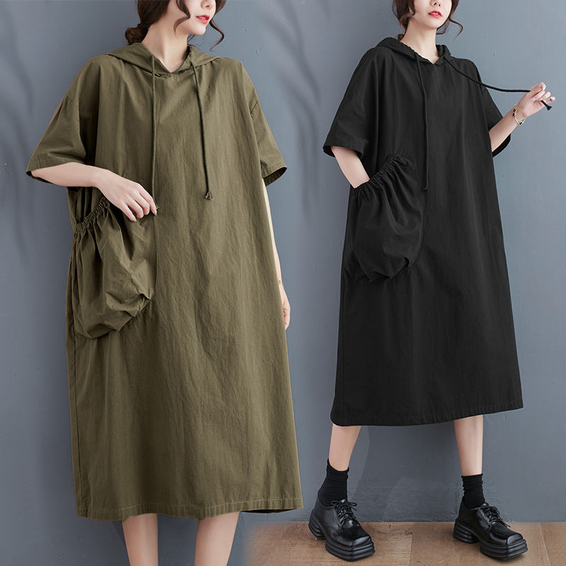 Loose Hooded Short Sleeve Midi Dress