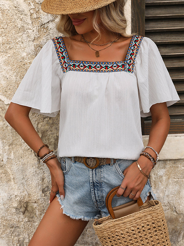 High-Low Loose Embroidered Pleated Square-Neck T-Shirts Tops