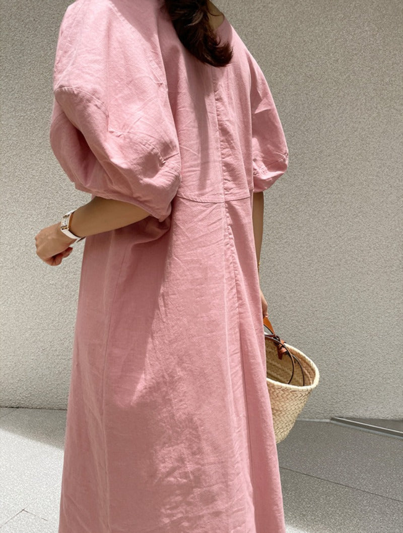 Vintage Lantern Sleeve Round Neck Cotton Linen Maxi Dress