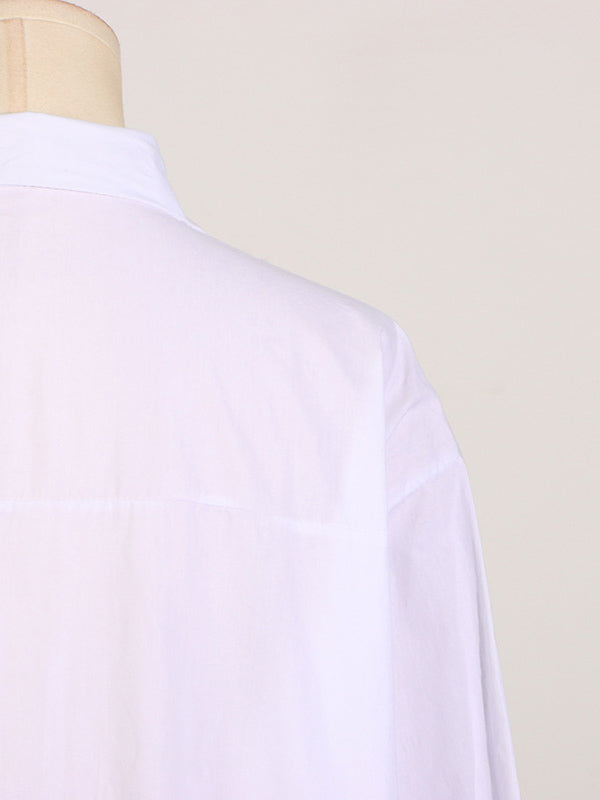 Long Sleeves Loose See-Through Solid Color Split-Joint Split-Side Lapel Maxi Dresses Shirt Dress