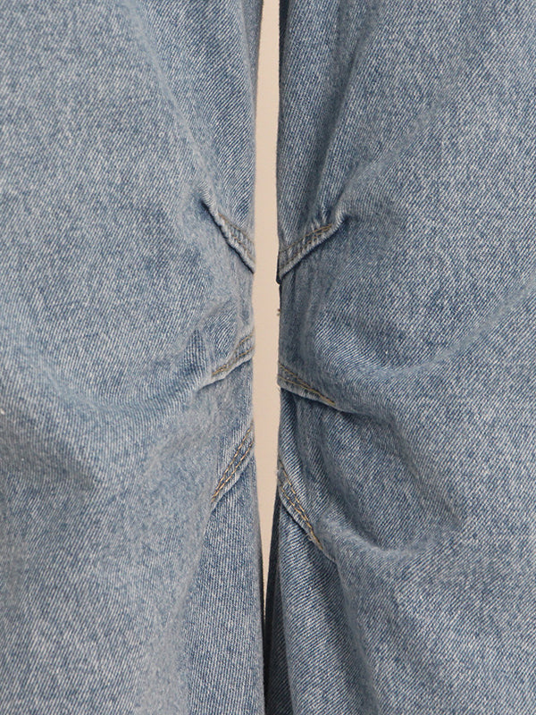 Loose Pleated Pockets Split-Joint Streamer Jean Pants Bottoms