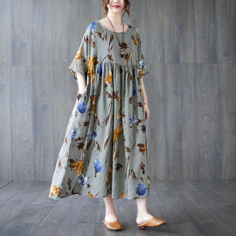 Literary Floral Print Short Sleeve Midi Dress