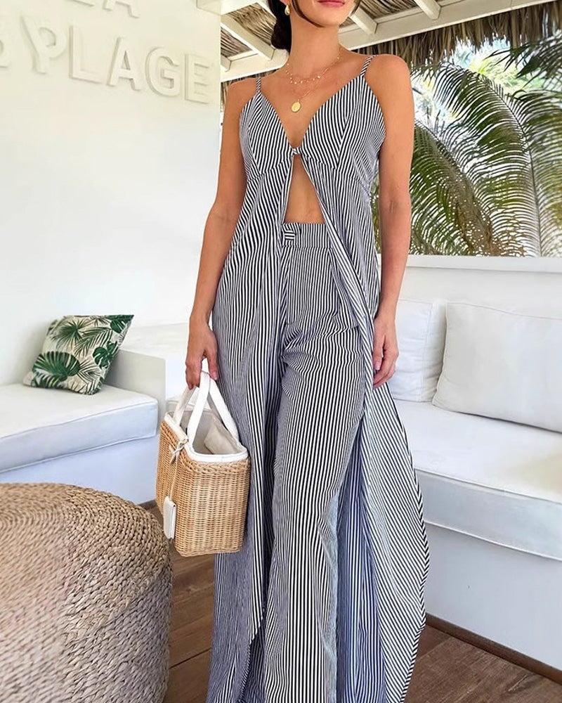 Fashion Striped Suspender Top Trousers Set