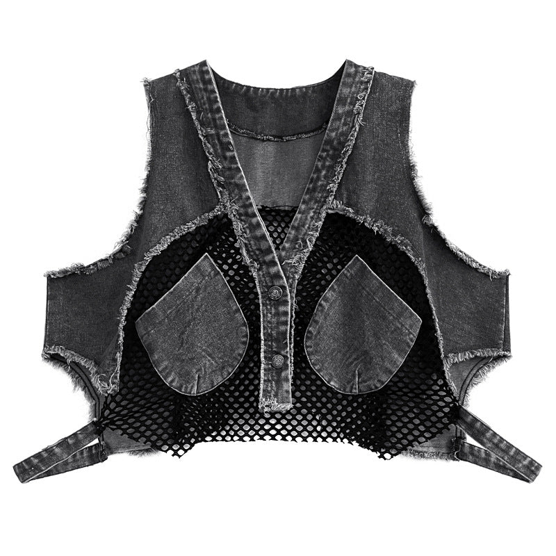 Vintage Mesh Splicing Denim Vest