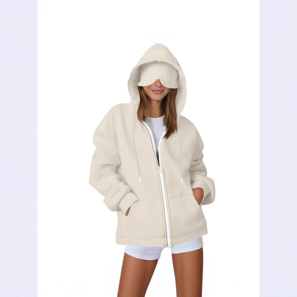 2025 European and American solid color women's autumn and winter hooded cardigan with eye patch zipper sweater