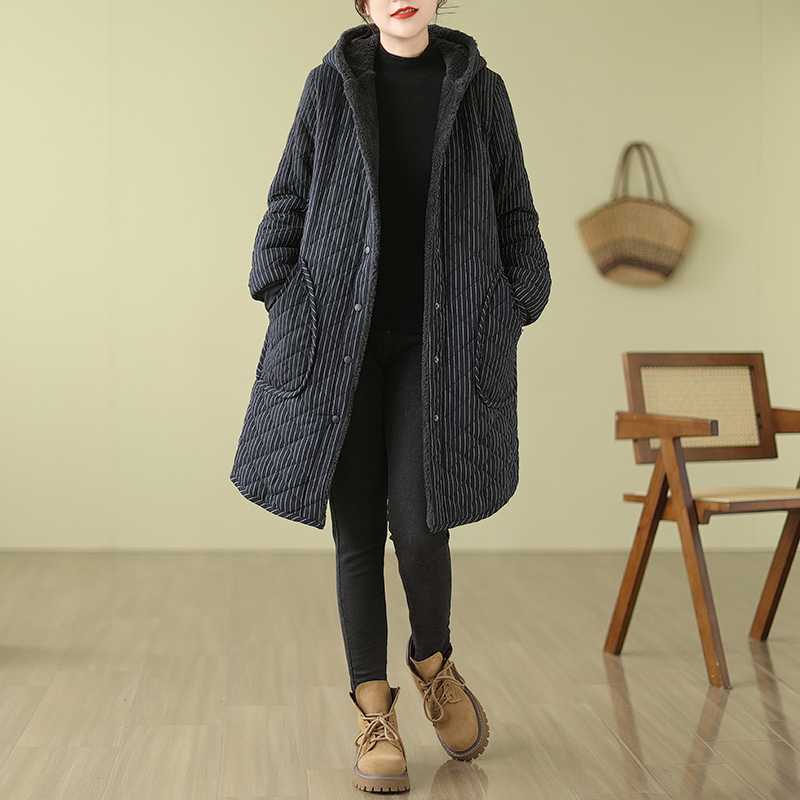 Vintage Warm Thickened Striped Hooded Coat