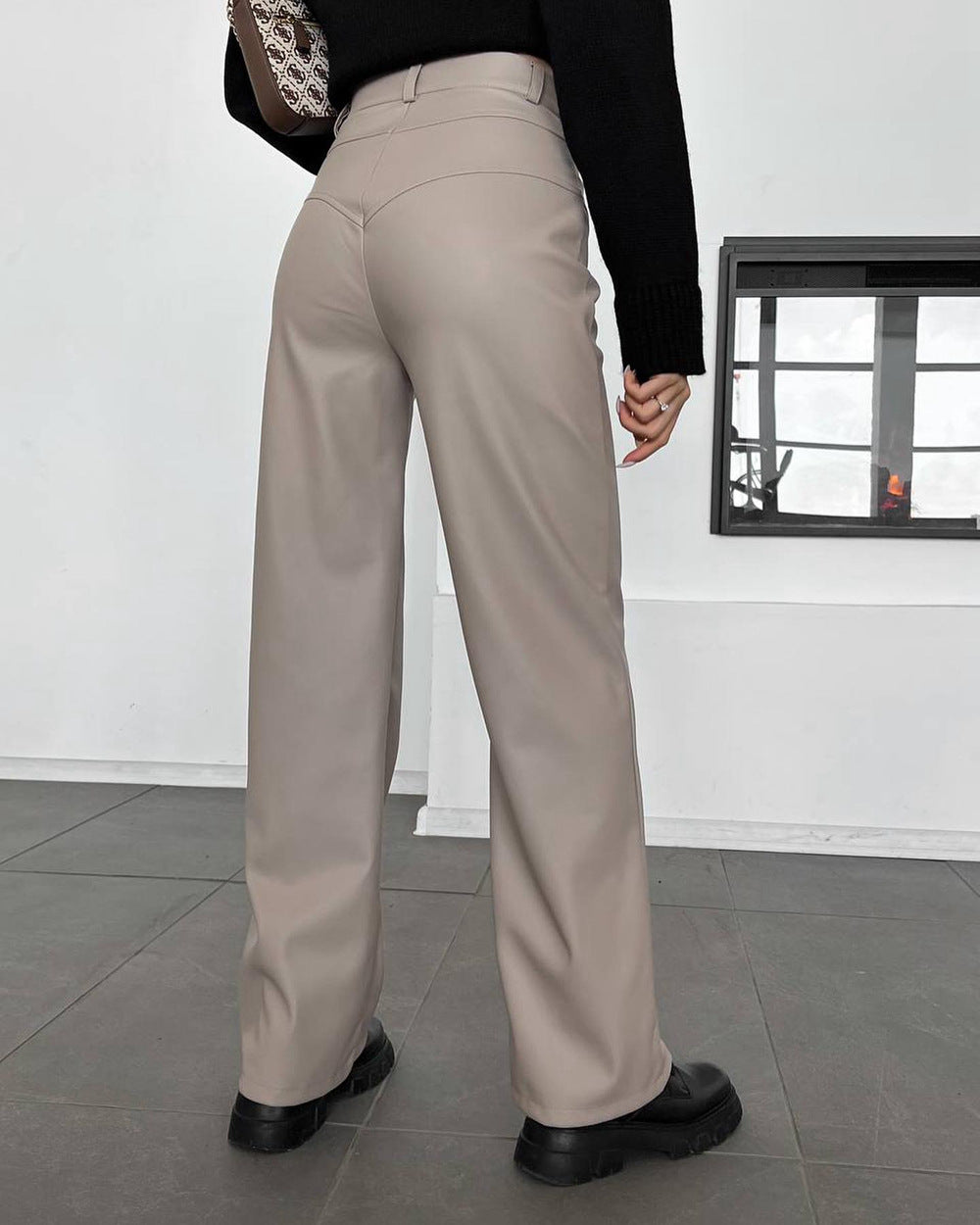 Autumn and Winter high waist leather stitching trousers for women casual straight pants leather pants