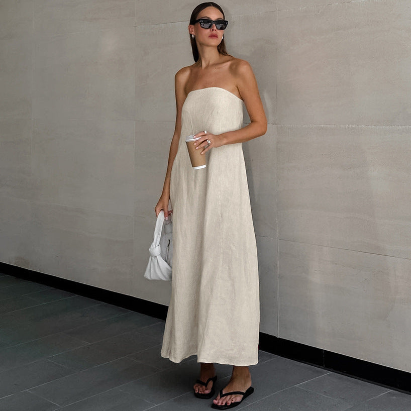 Vacation Cotton-Linen Solid Sheath Backless Maxi Dress