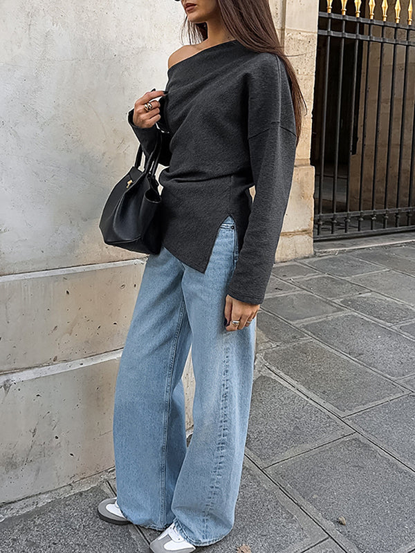 Long Sleeves Loose Solid Color Split-Side One-Shoulder T-Shirts Tops
