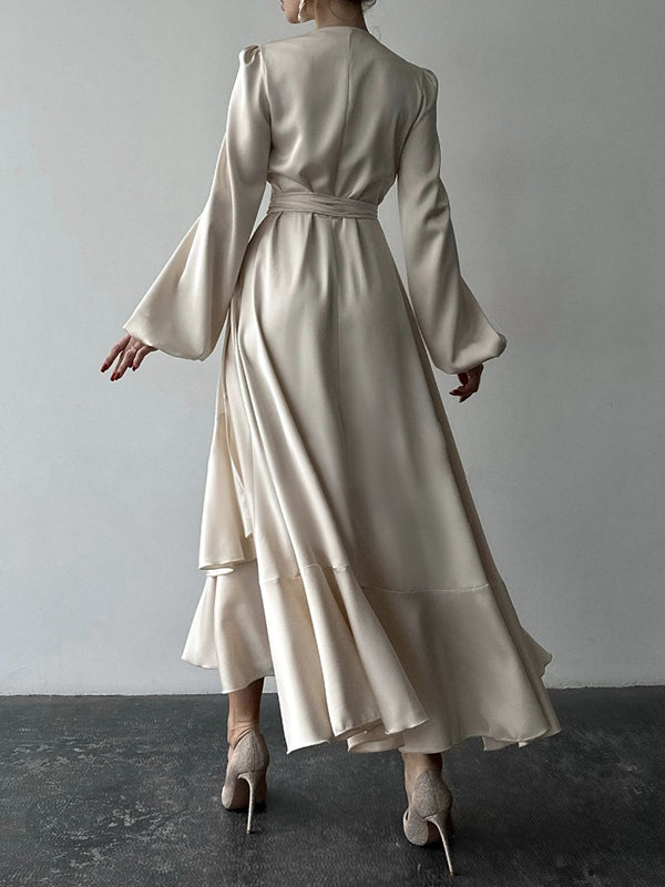 Loose Puff Sleeves Asymmetric Pleated Solid Color Split-Joint Tied Waist V-Neck Maxi Dresses Shirt Dress