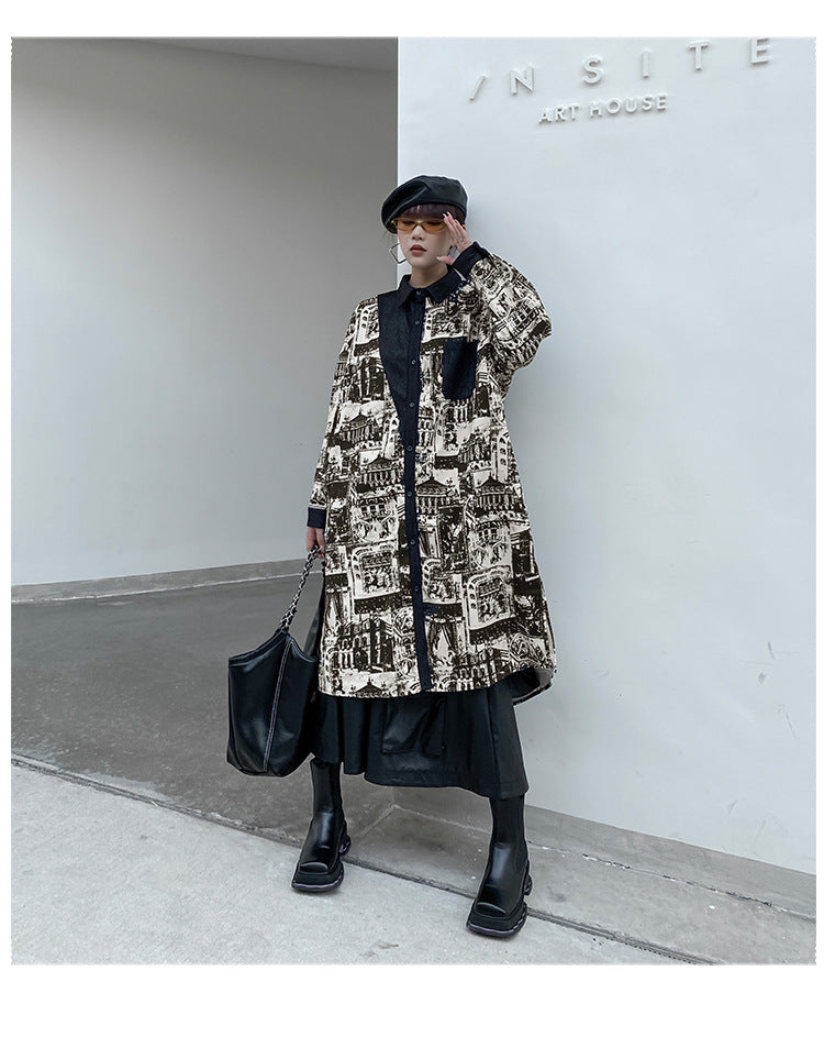 Vintage Print Lapel Windbreaker Coat