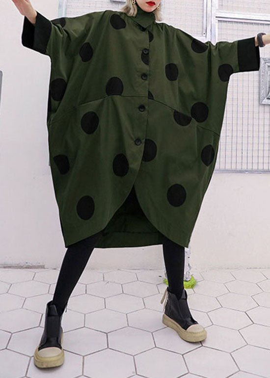 Loose Army Green asymmetrical design Peter Pan Collar dot print trench coats
