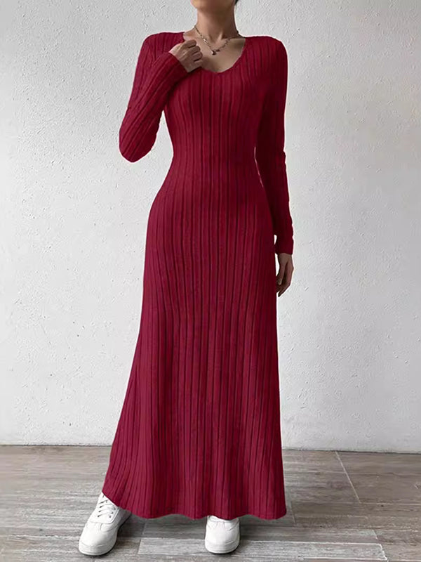 Long Sleeves Skinny Solid Color V-Neck Maxi Dresses Sweater Dresses