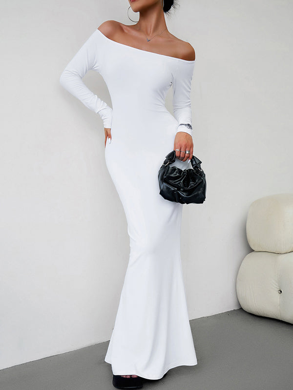 Bodycon Long Sleeves See-Through Solid Color Off-The-Shoulder Maxi Dresses