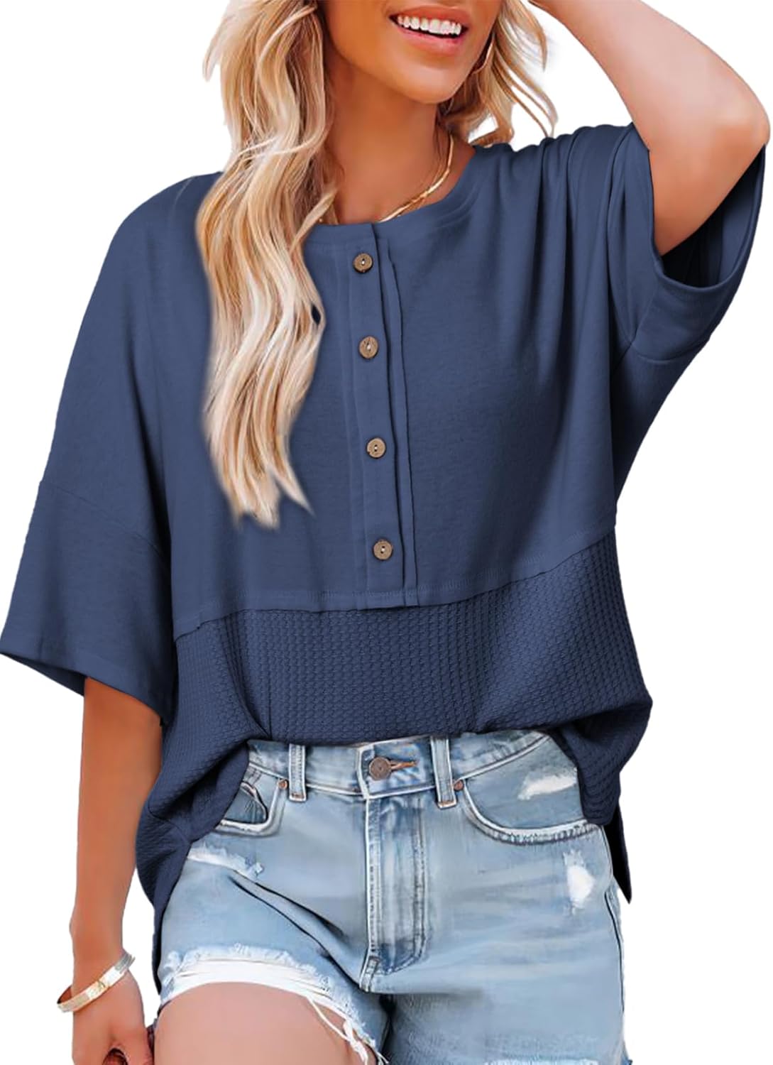 Casual Waffle Knit Button 3/4 Sleeve Top(Buy 2 Free Shipping)