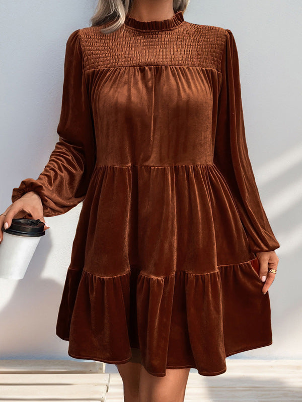 A-Line Long Sleeves Pleated Solid Color Split-Joint Velvet Mock Neck Mini Dresses