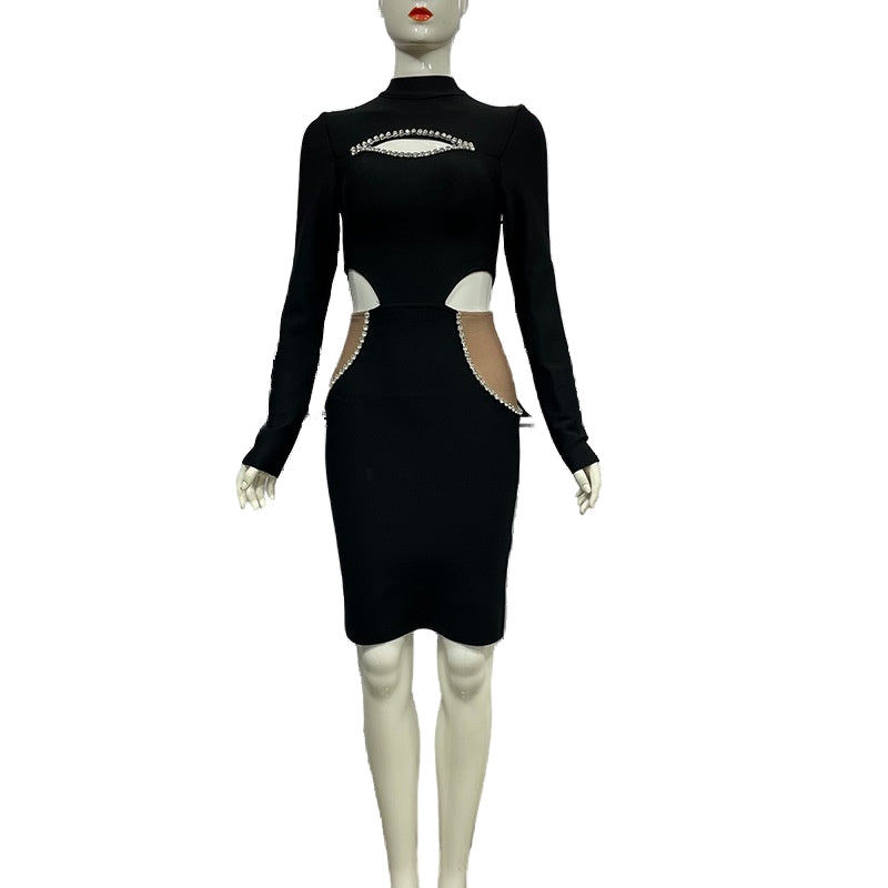 Bandage women's round neck long sleeve sexy cutout diamond color matching tight bandage one-piece dress evening dress