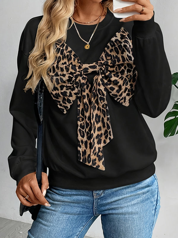 Long Sleeves Loose Bowknot Leopard Round-Neck Sweatshirt Tops