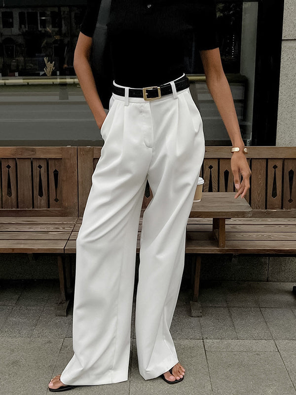 High Waisted Loose No Belt Pleated Pockets Solid Color Suit Pants Trousers