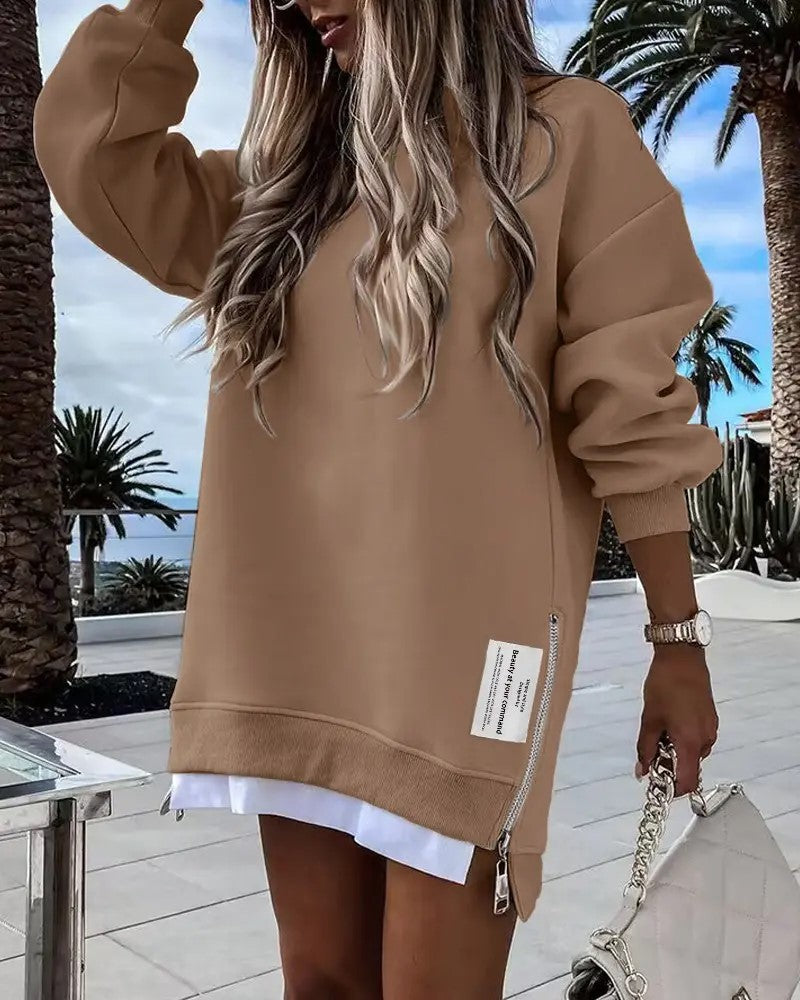 Oversized Zippered Side Slit Ribbed Sweatshirt Dress【Buy Two Free Shipping】
