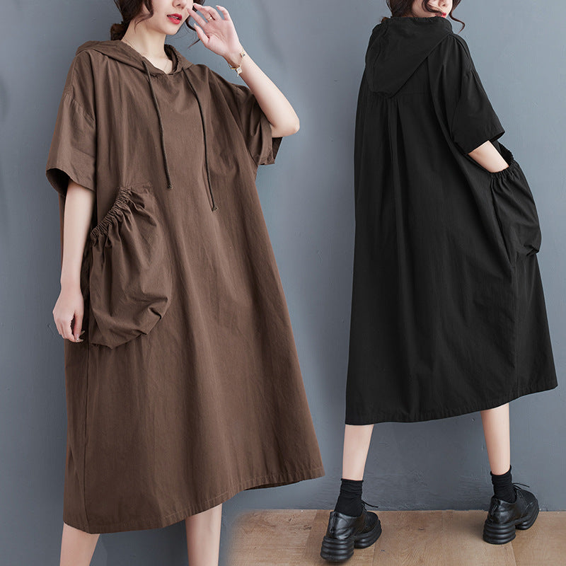 Loose Hooded Short Sleeve Midi Dress