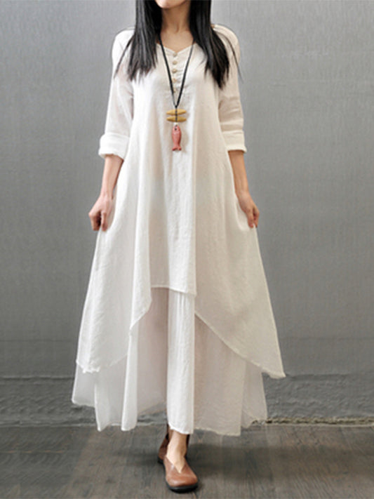 Literary Linen Fake Two Piece Long Sleeve Dress