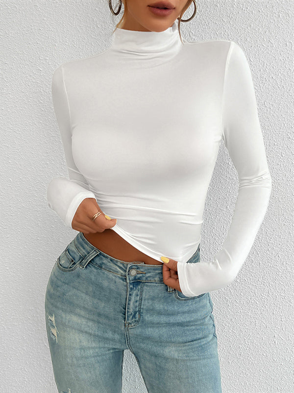 Long Sleeves Skinny Solid Color High Neck T-Shirts Tops