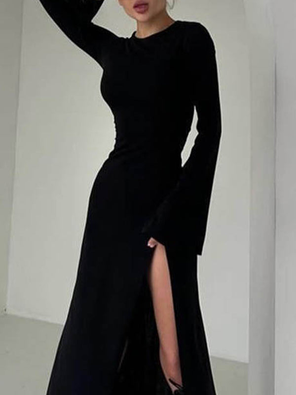 Long Sleeves Loose Asymmetric Solid Color Split-Joint Split-Side Round-Neck Maxi Dresses