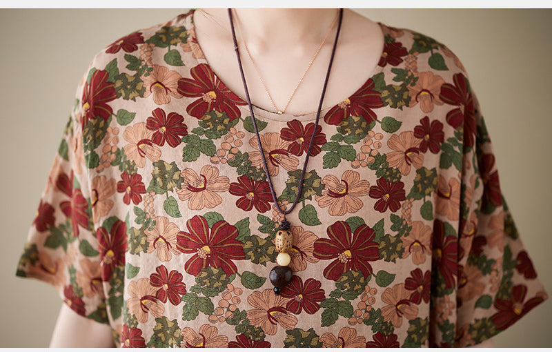 Ethnic Style Floral Print Short Sleeve Round Neck Maxi Dress