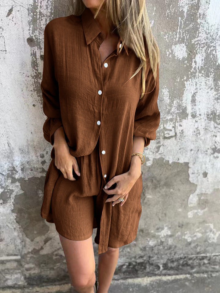 Casual Solid Color Shorts Long Sleeve Wrinkled Cloth Shirt Two-Piece Set