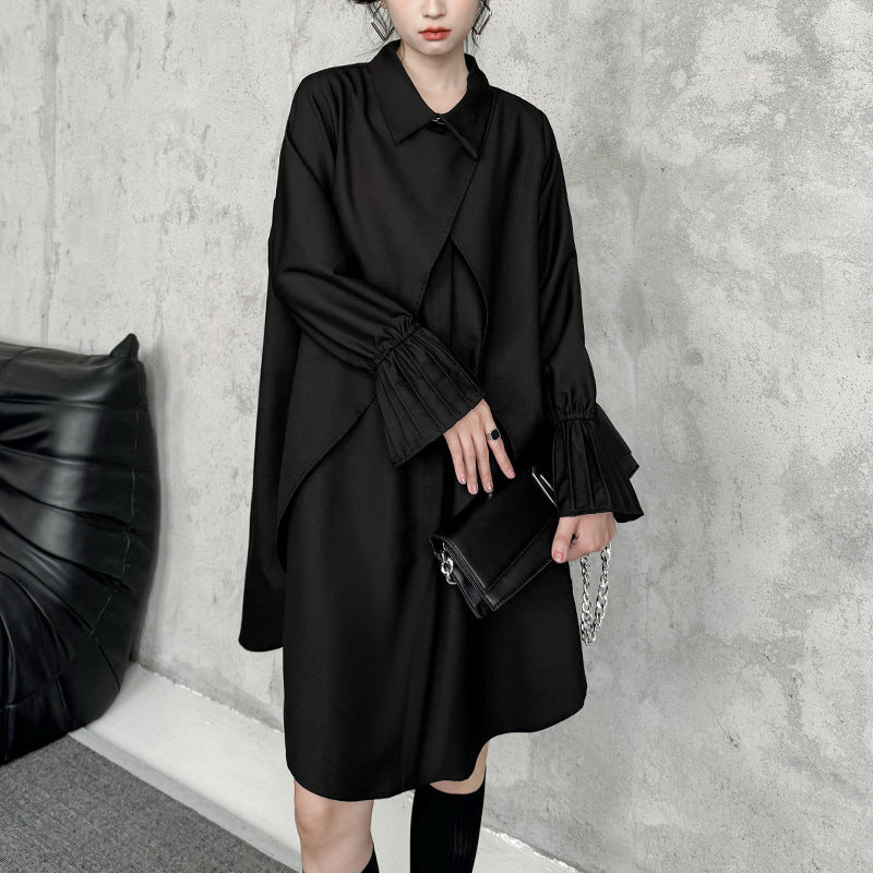 Street Style Fake Two Piece Button Long Sleeve Midi Dress