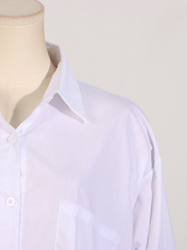 Long Sleeves Loose See-Through Solid Color Split-Joint Split-Side Lapel Maxi Dresses Shirt Dress