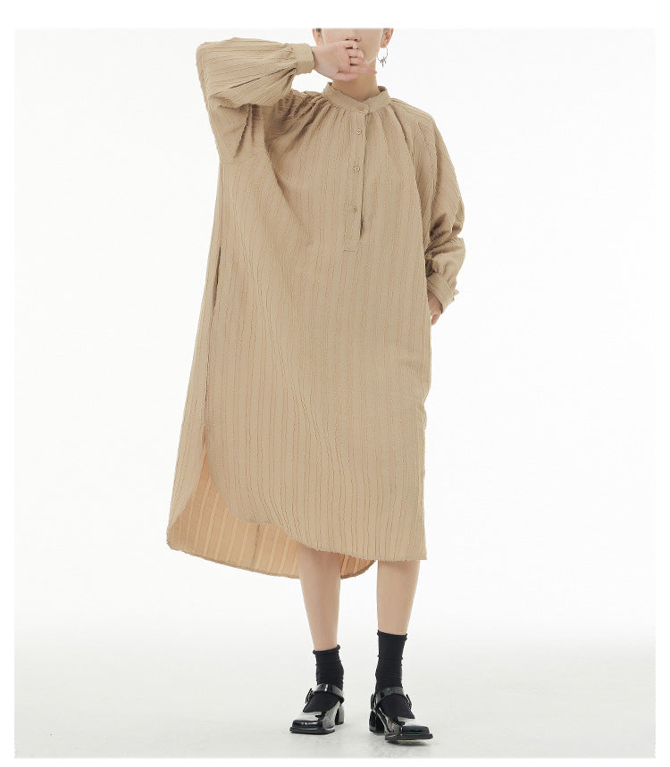 Asymmetric Striped Stand Collar Long Sleeve Midi Dress