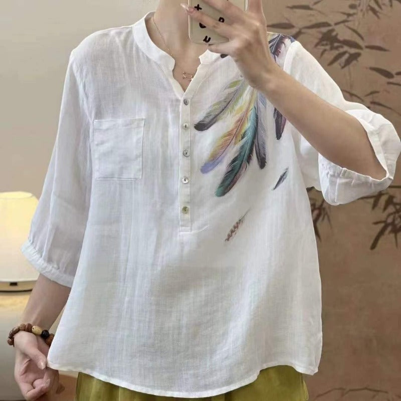 Literary Feather Print Ramie Shirt