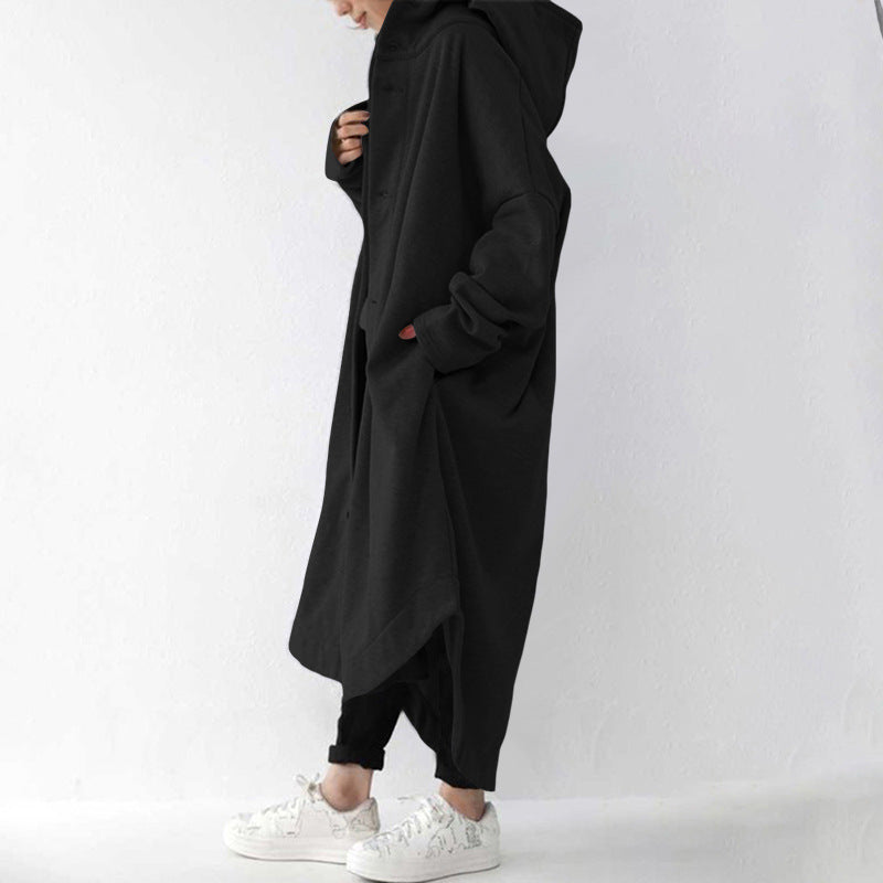 Loose Solid Color Buttoned Hooded Windbreaker Coat