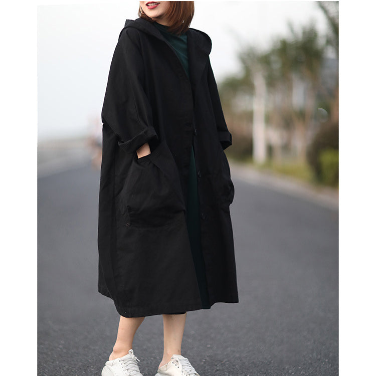 Cool Solid Color Hooded Long Windbreaker Coat