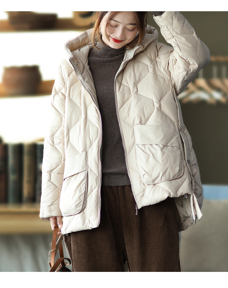Loose Splicing Hooded Long Sleeve Thickened Down Jacket